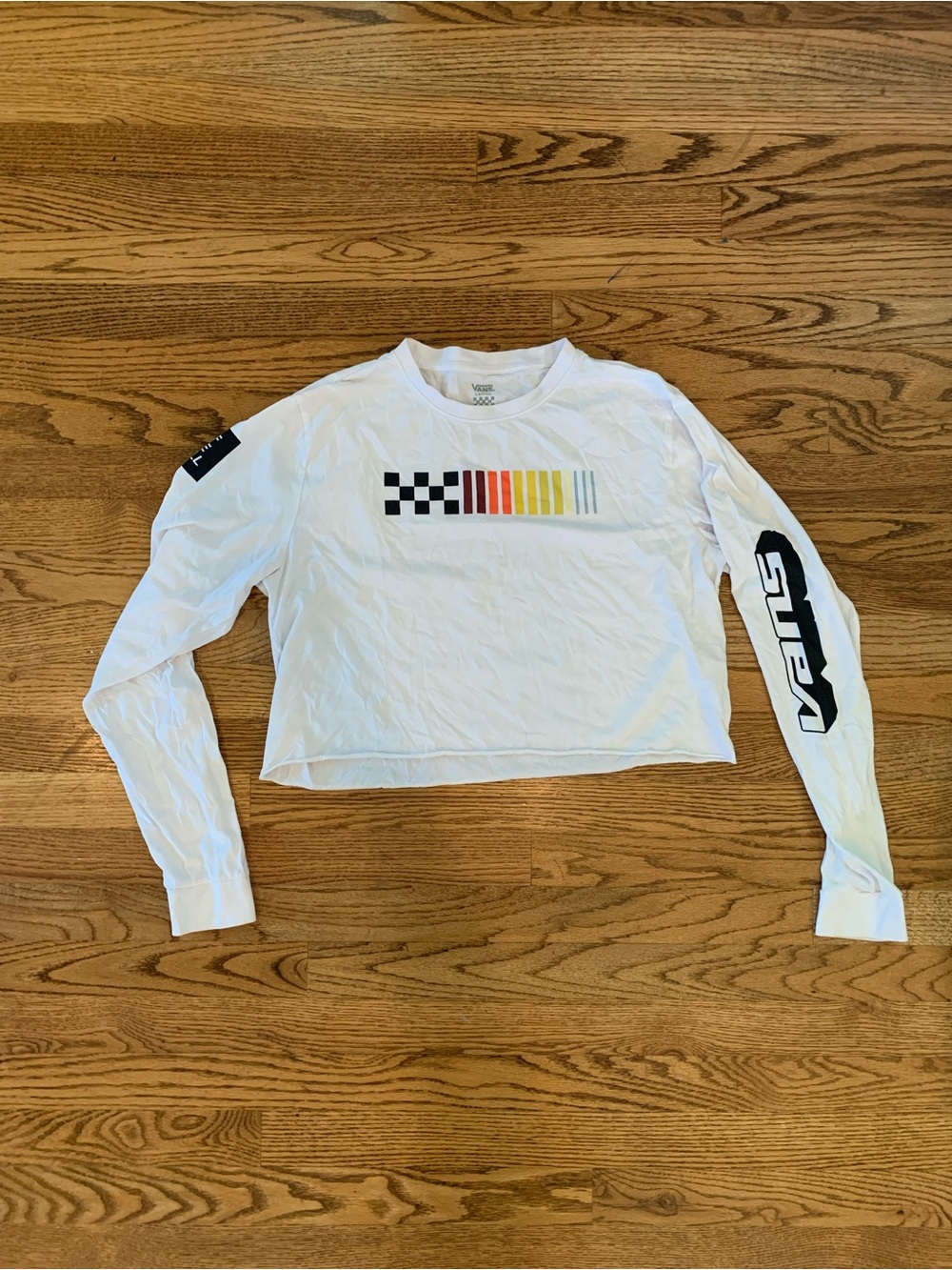 Vans White Long-Sleeve Graphic Crop Tee with Multicolor Stripe